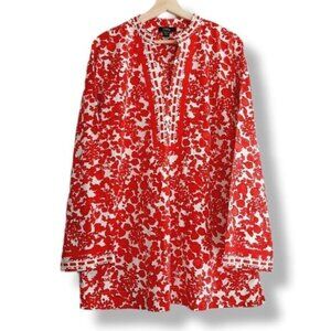 DALIA / Boho Tunic Blouse Floral Pom-Pom Trim Red & White Sz XXL